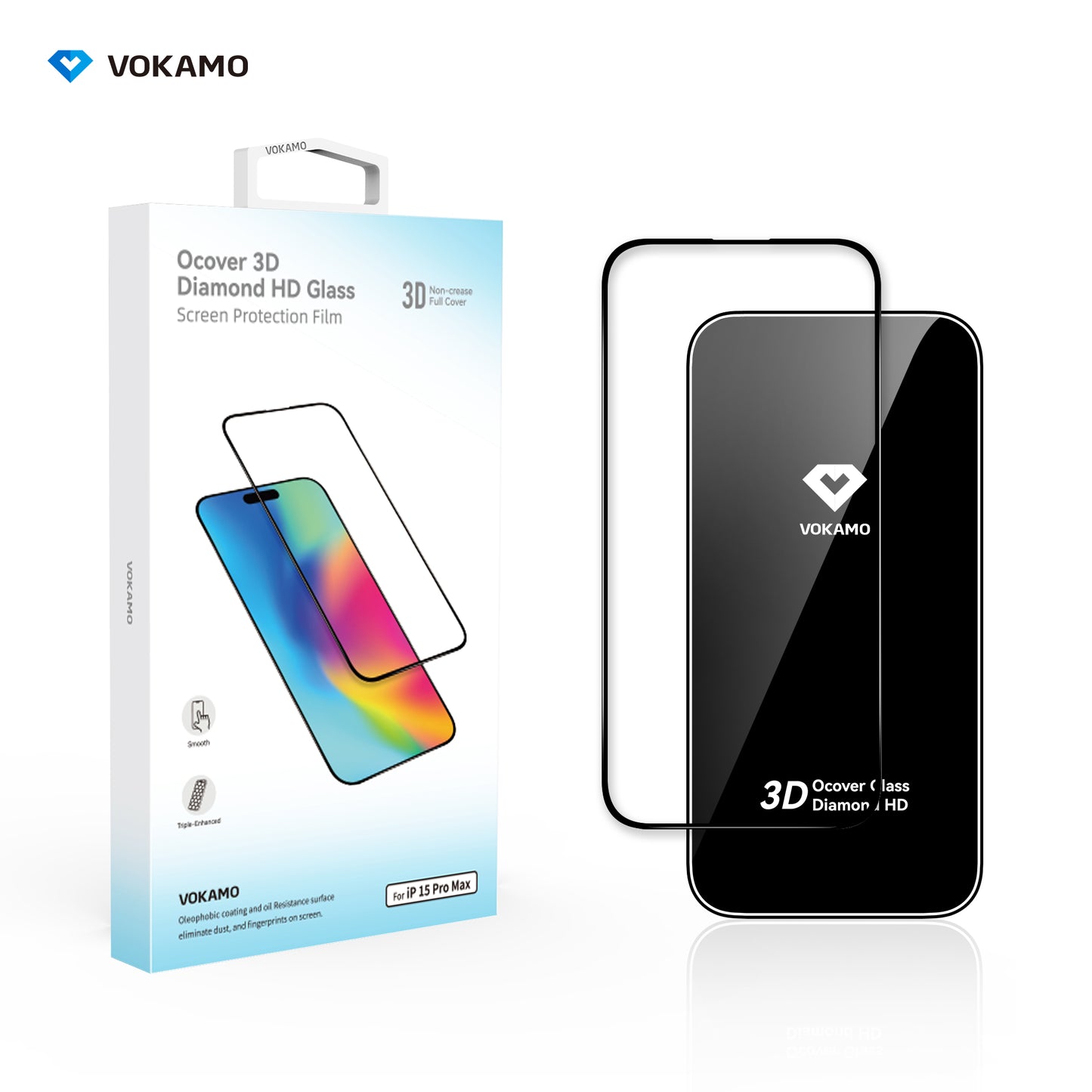 VOKAMO iPhone 15 Tempered Glass 3D Screen Protector For iPhone 15 Pro Max/15/15 Plus/15 Pro