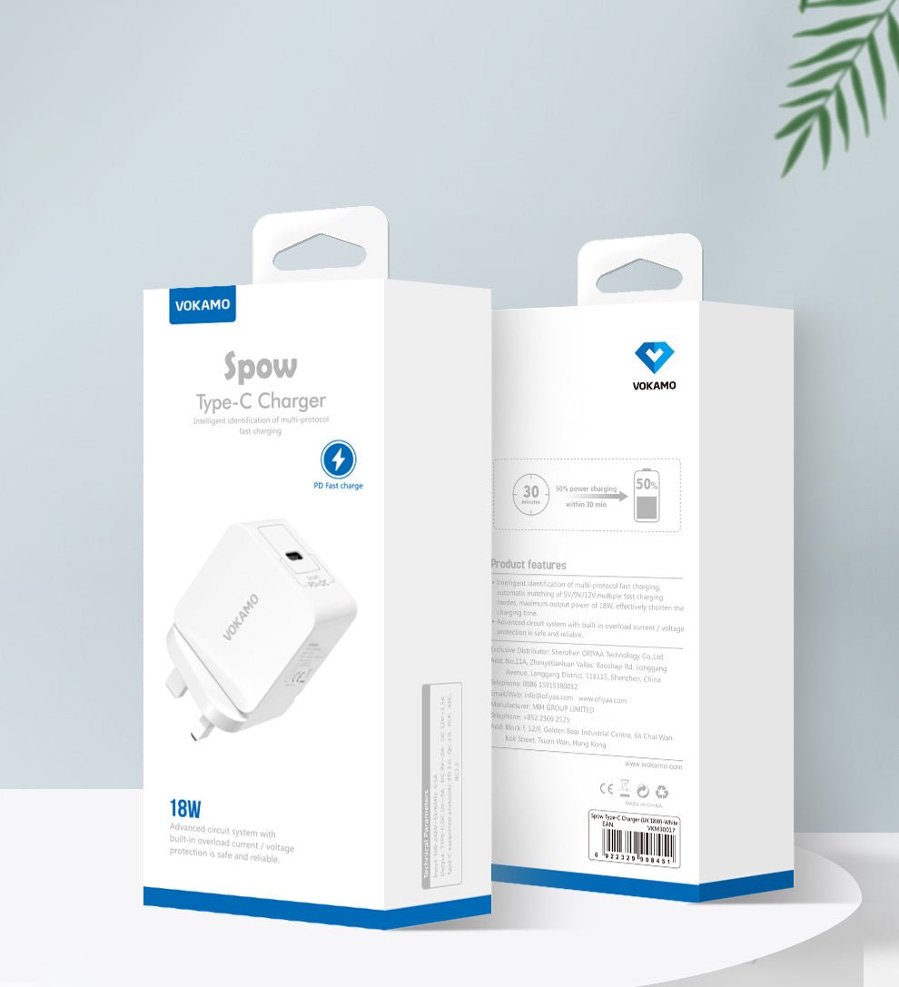 VOKAMO 18W USB - C PD Wall Charger,Type - C Fast Charging Adapter - VOKAMO