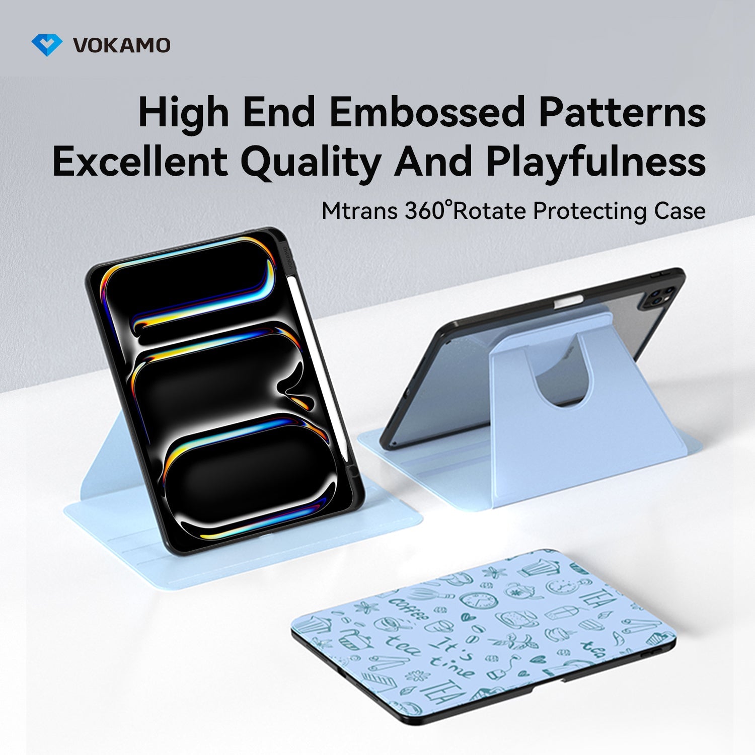 VOKAMO 360 Rotation Rotating Case for iPad Pro/Air 11 - Inch M4 (2024) with Pencil Holder, 360 Degree Rotation Protective Stand Cover Clear Back - VOKAMO