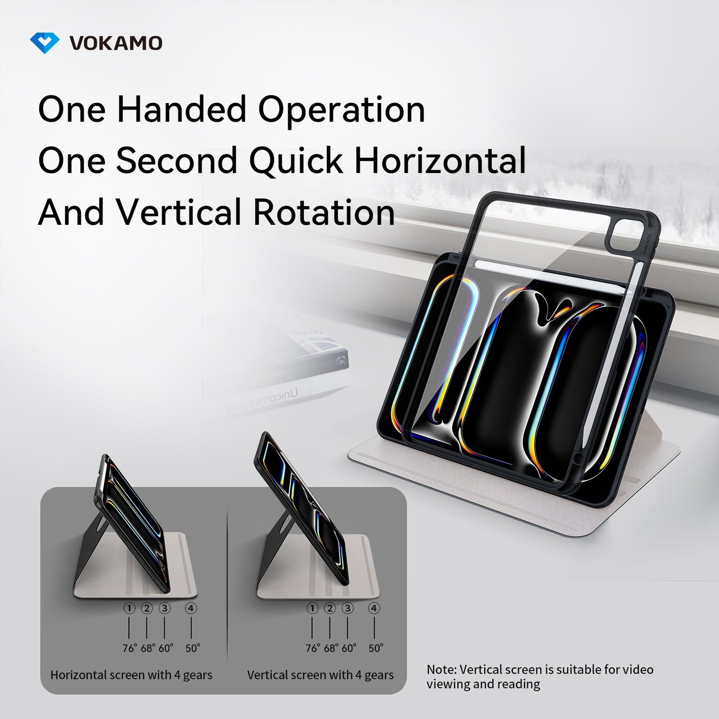 VOKAMO 360 Rotation Rotating Case for iPad Pro/Air 11 - Inch M4 (2024) with Pencil Holder, 360 Degree Rotation Protective Stand Cover Clear Back - VOKAMO