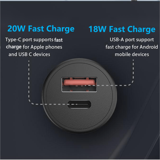 VOKAMO 38W Car Charger PD & QC Fast Car Charge Mini Car Adapter(USB - C+USB - A) - VOKAMO