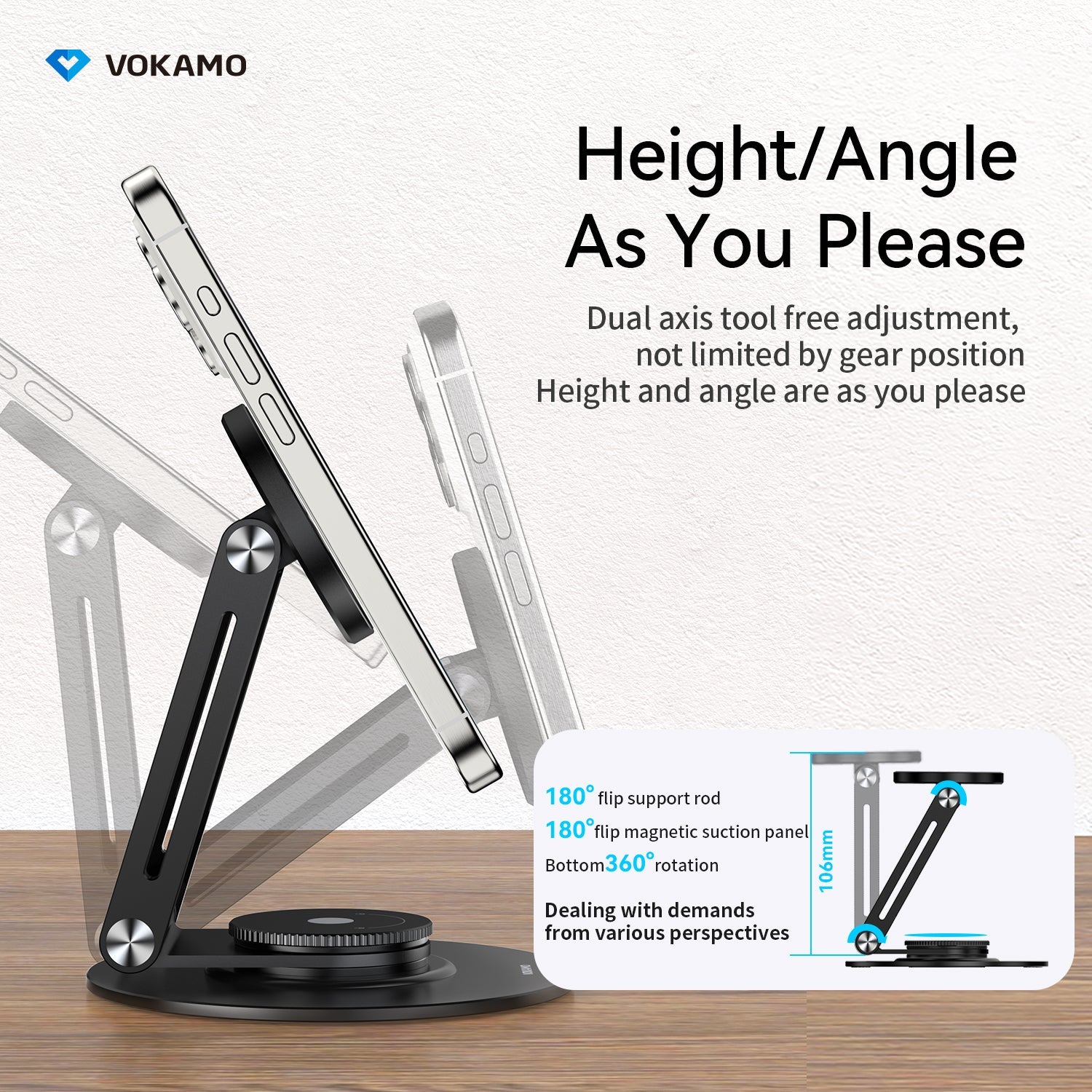 VOKAMO Alloy 360 Rotation Foldable Magnetic Phone Holder For Desk - VOKAMO