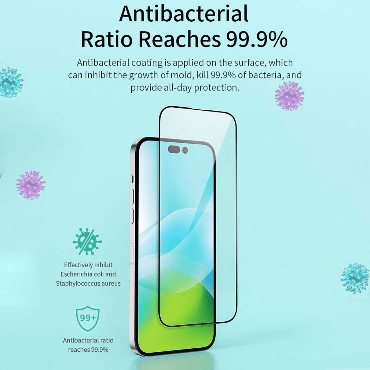 VOKAMO Antibacterial Screen Protector For iPhone 14 Pro Max/14 Plus/14/14 Pro Tempered Glass 9H 2.5D HD - VOKAMO