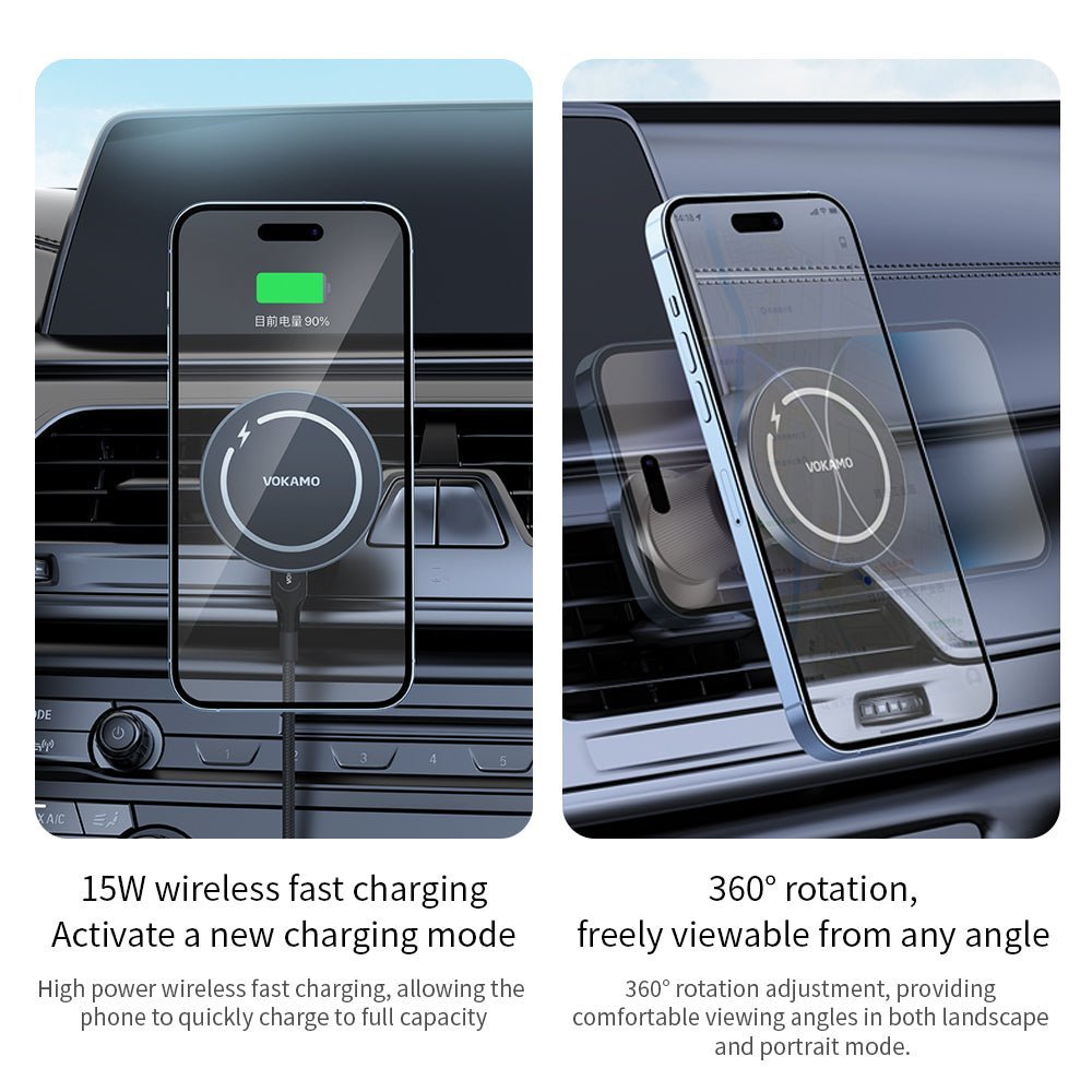 VOKAMO Magnetic Wireless Car Charger Holder 15W Fast Charger - VOKAMO