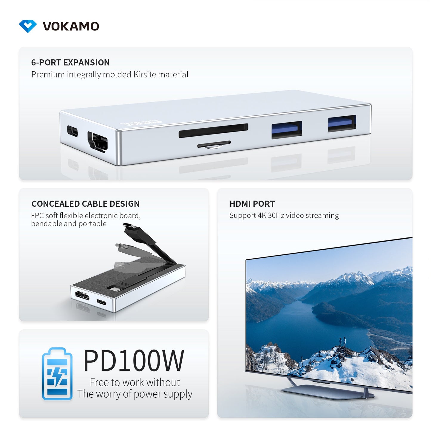 VOKAMO USB C HUB,6 - IN - 1 Multiport Adapter Portable 4K HDMI USB C Dongle - VOKAMO