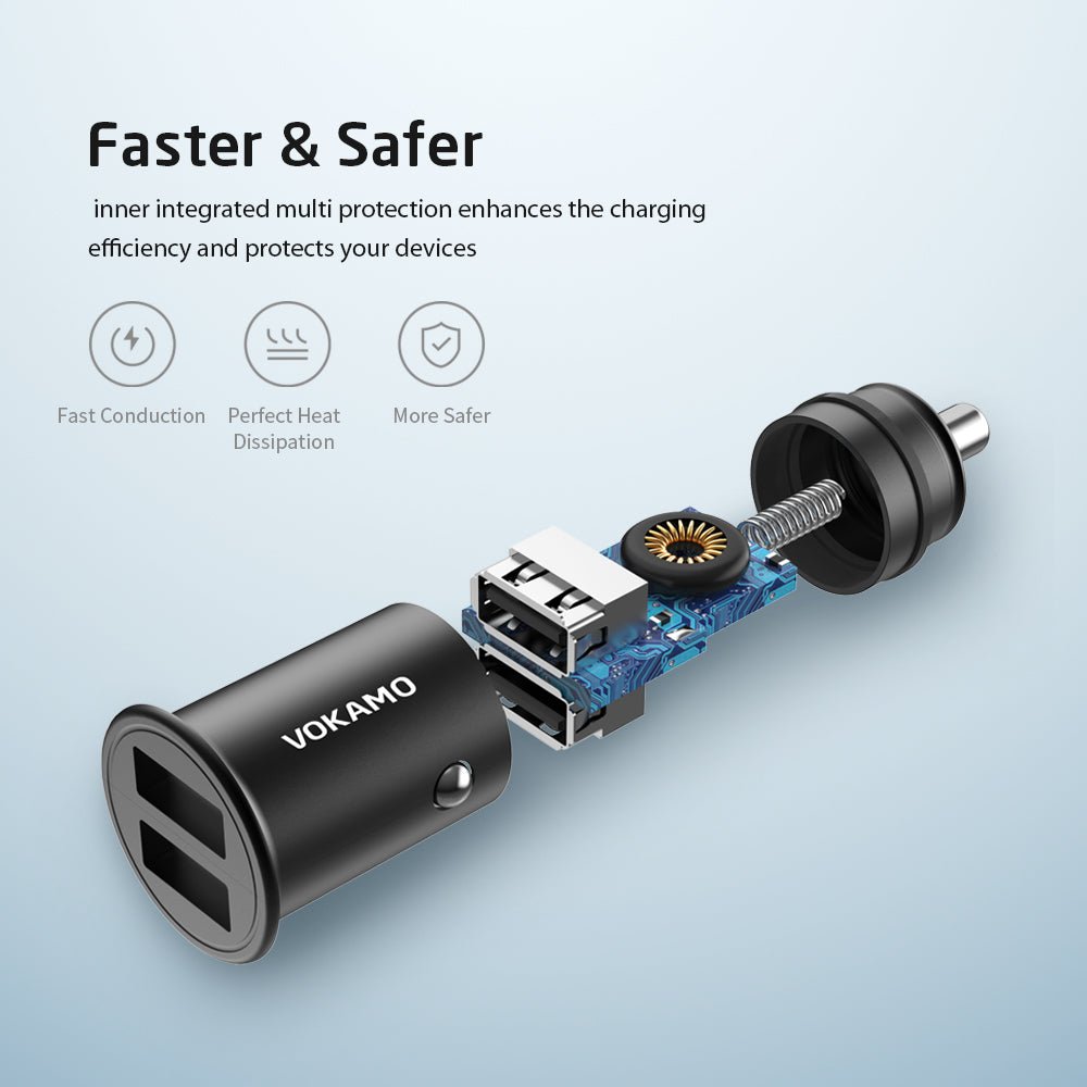 VOKAMO Car Charger Small 4.8A Metal USB Car Charger Fast Car Charge Adapter(Dual USB Ports) - VOKAMO