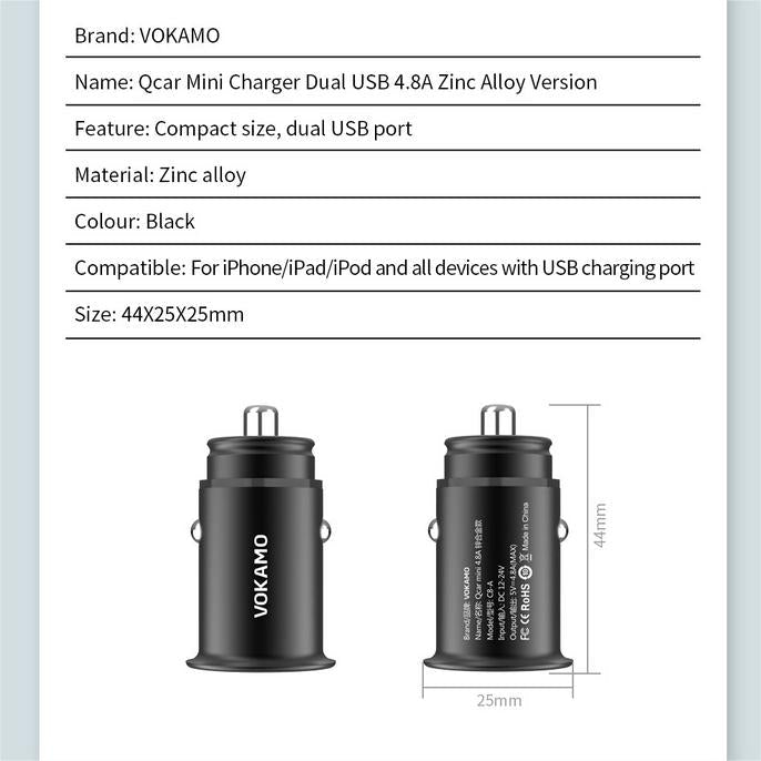VOKAMO Car Charger Small 4.8A Metal USB Car Charger Fast Car Charge Adapter(Dual USB Ports) - VOKAMO