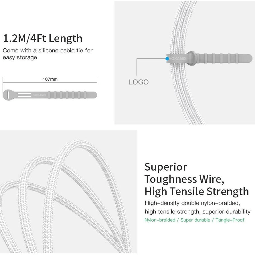 VOKAMO Type C Cable 5A Fast Charging 3FT Nylon Braided USB C to USB A Charger Cord - VOKAMO