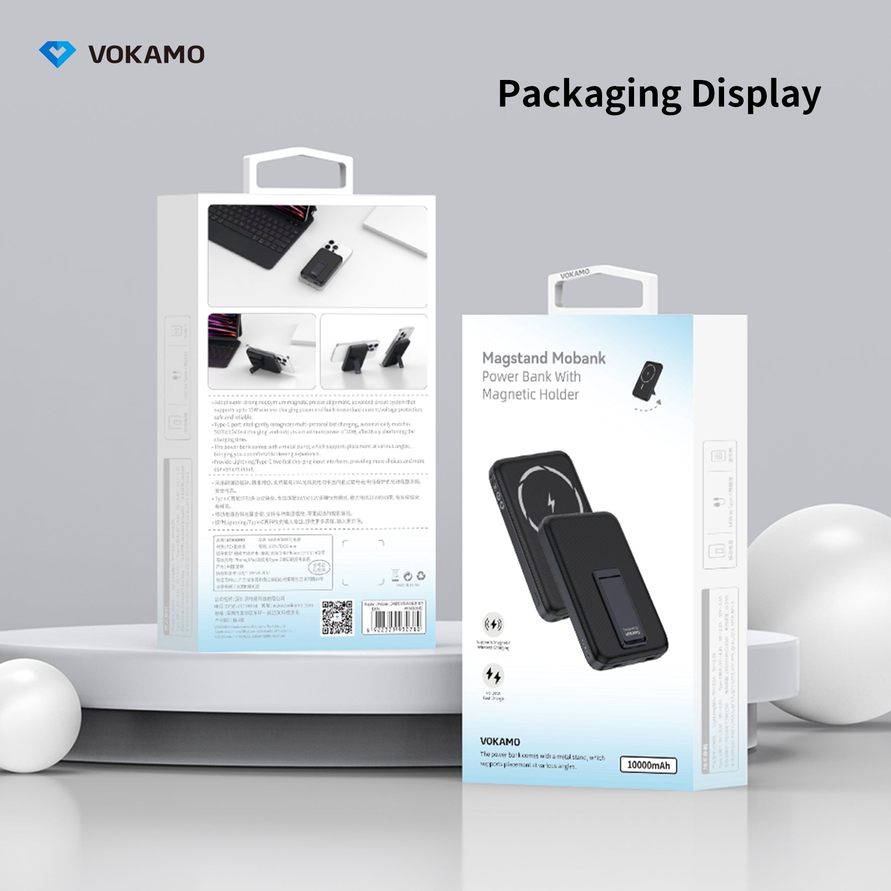 VOKAMO Wireless Power Bank 1000mAh Magnetic Portable Charger with Stand 20W USB C 15W Fast Charging External Battery Pack