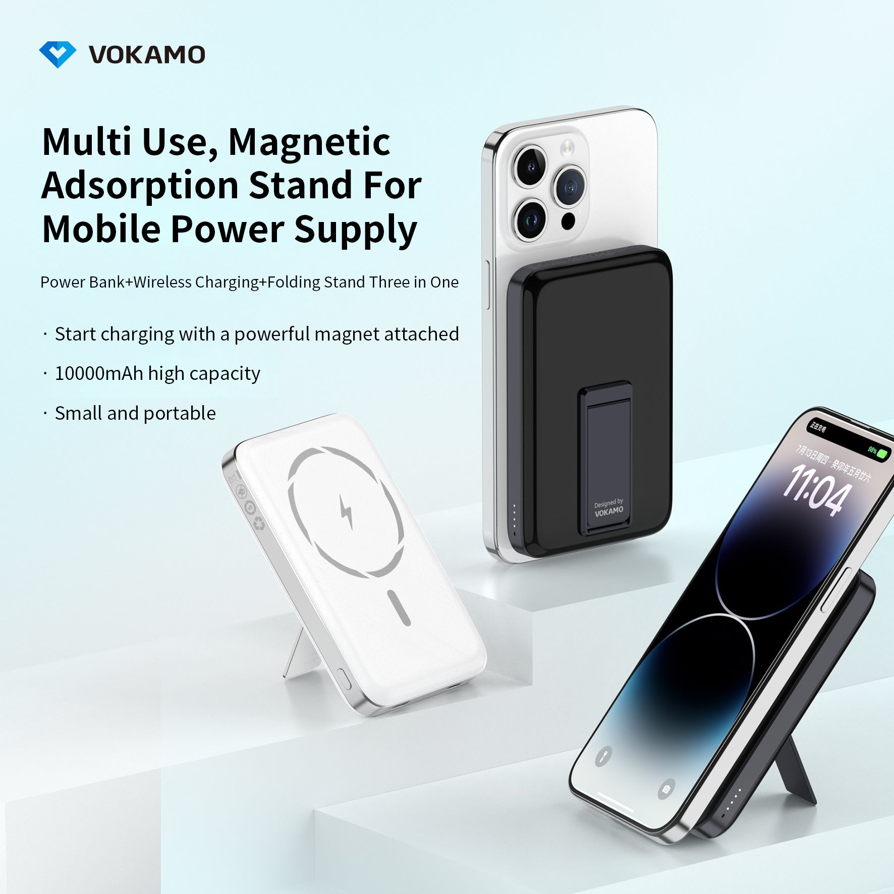 VOKAMO Wireless Power Bank 1000mAh Magnetic Portable Charger with Stand 20W USB C 15W Fast Charging External Battery Pack