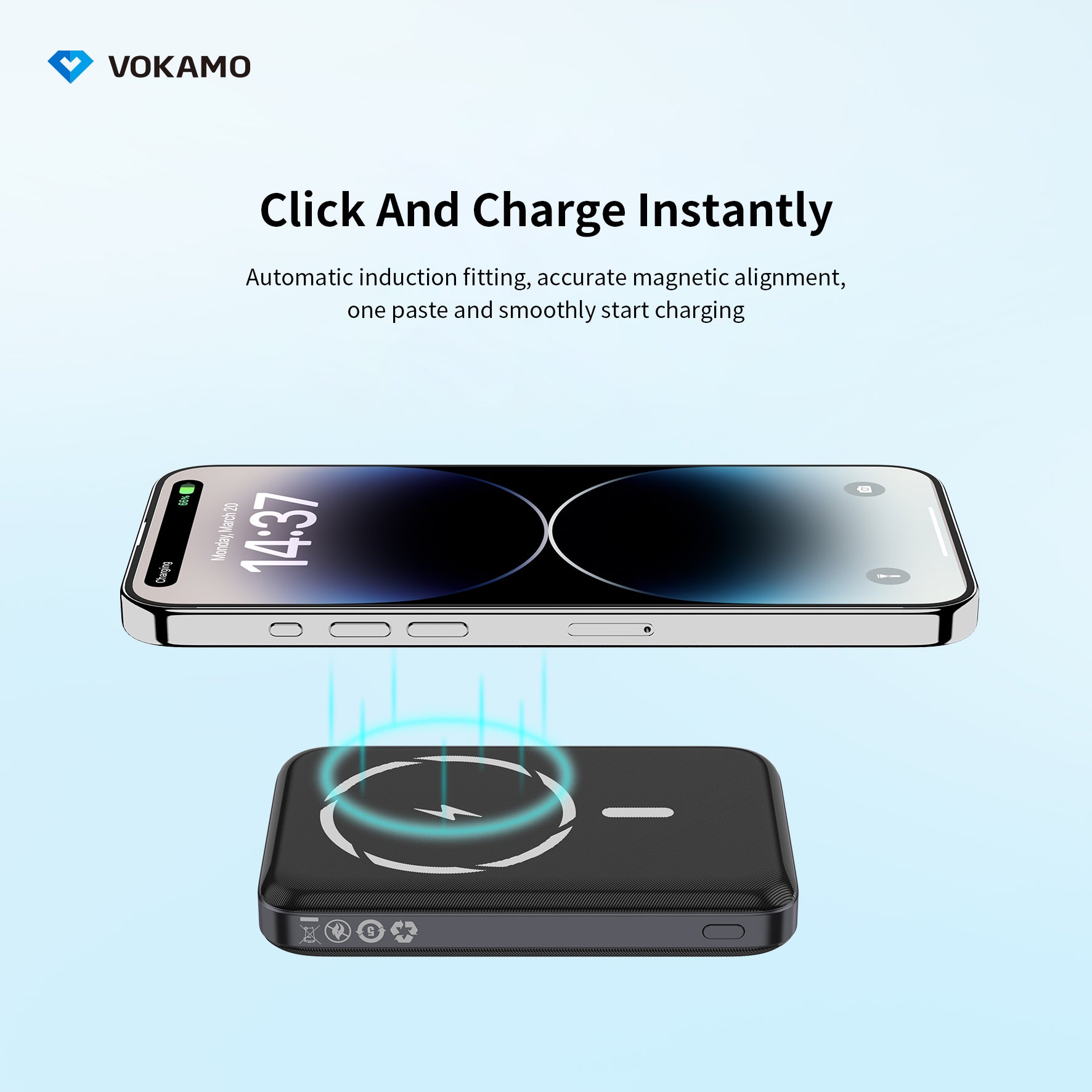 VOKAMO Wireless Power Bank 1000mAh Magnetic Portable Charger with Stand 20W USB C 15W Fast Charging External Battery Pack