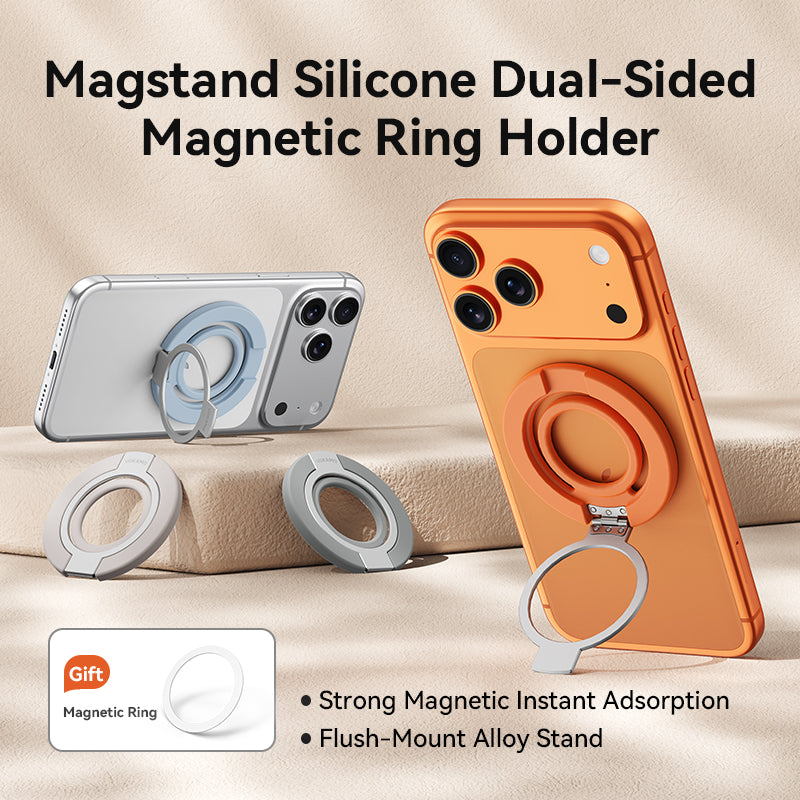 Magnetic Phone Ring Holder for MagSafe, 360° Rotation Soft Silicone Cell Phone Grip Stand Finger Ring Kickstand Two-Sided Magnet Compatible with iPhone 17 Pro Max 16 15 14 13 12 MagSafe Accessories