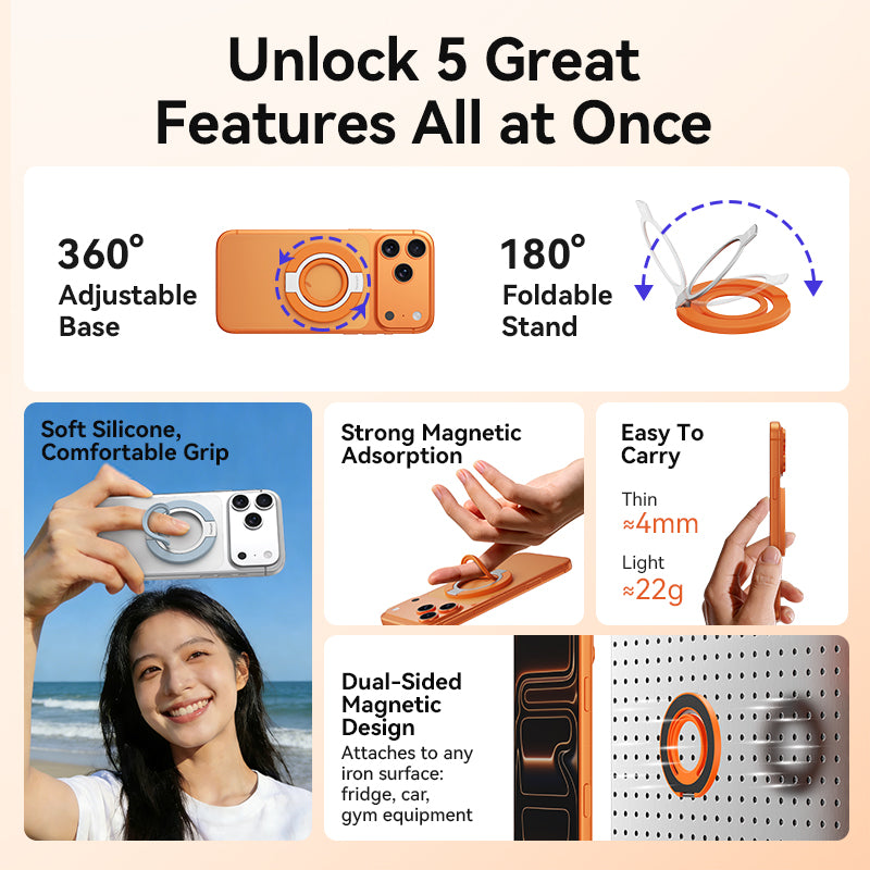 Magnetic Phone Ring Holder for MagSafe, 360° Rotation Soft Silicone Cell Phone Grip Stand Finger Ring Kickstand Two-Sided Magnet Compatible with iPhone 17 Pro Max 16 15 14 13 12 MagSafe Accessories