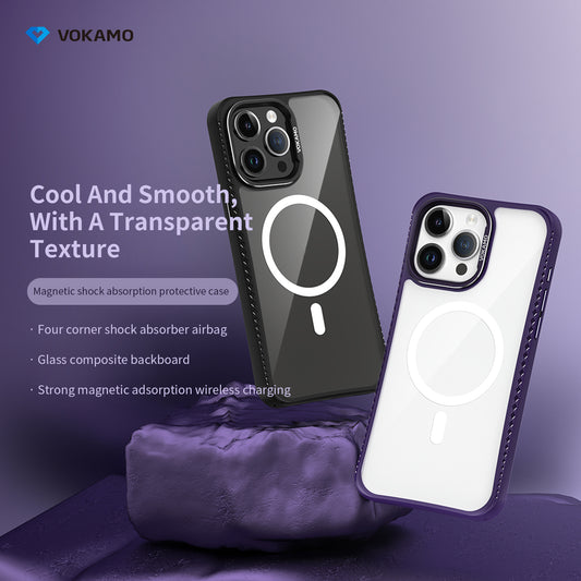 VOKAMO iPhone 15 Glass Magnetic Case Clear iPhone Case With MagSafe For iPhone 15 Pro Max/15 Pro/15 Plus/15