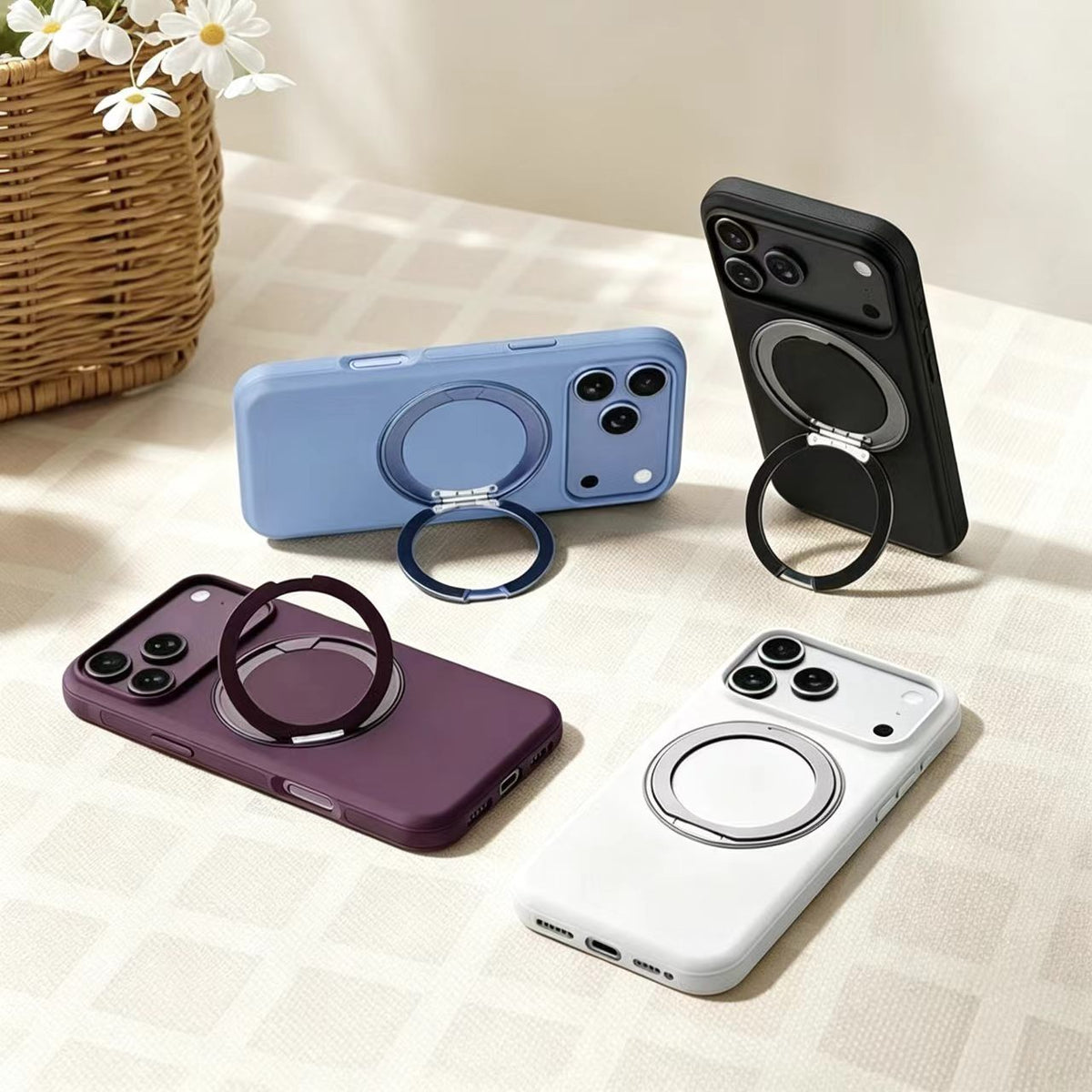 VOKAMO 360 Rotation Magnetic Ring Stand Case for iPhone 18 Pro Max, Shockproof PC TPU Hybrid Mobile Cover with Kickstand