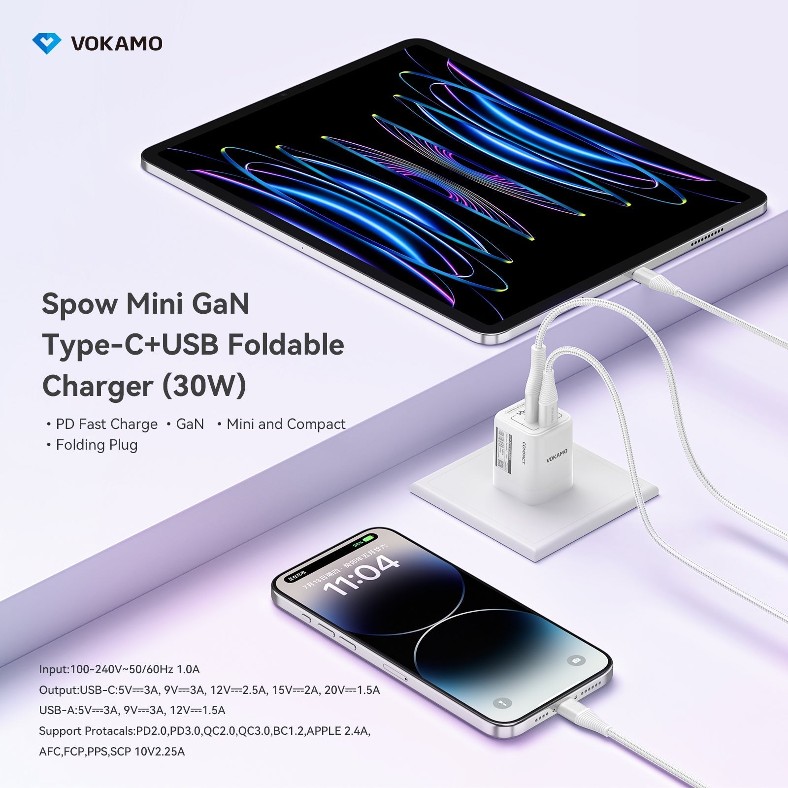 VOKAMO GaN 30W USB - C+USB - A 2 - Port Wall Charger USB C Fast Charger - VOKAMO
