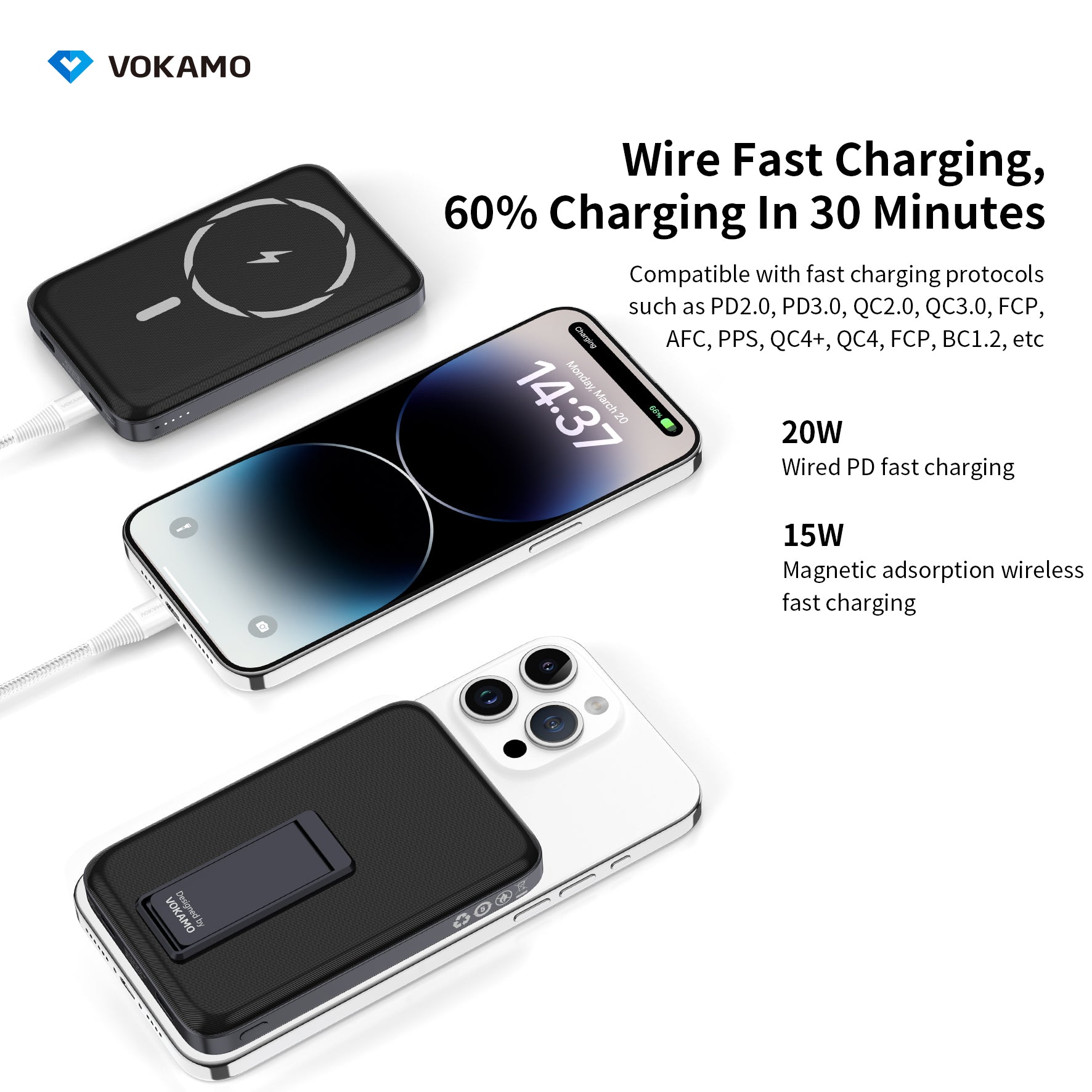 VOKAMO Wireless Power Bank 1000mAh Magnetic Portable Charger with Stand 20W USB C 15W Fast Charging External Battery Pack - VOKAMO